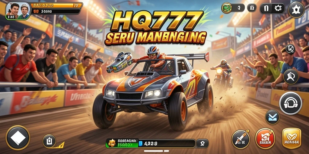 Tangkapan layar gameplay HQ777 menampilkan aksi balapan yang mendebarkan.