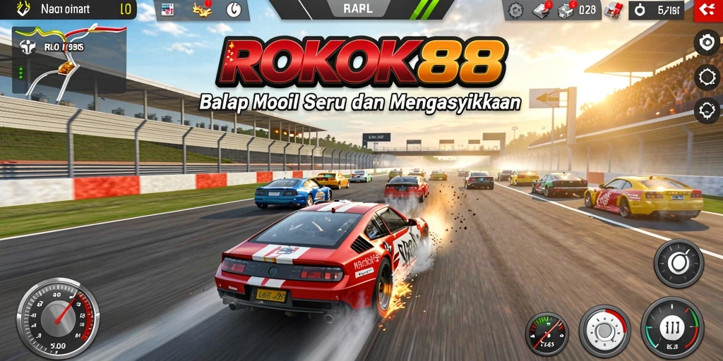Tampilan gameplay mendebarkan dengan mobil balap melaju kencang.