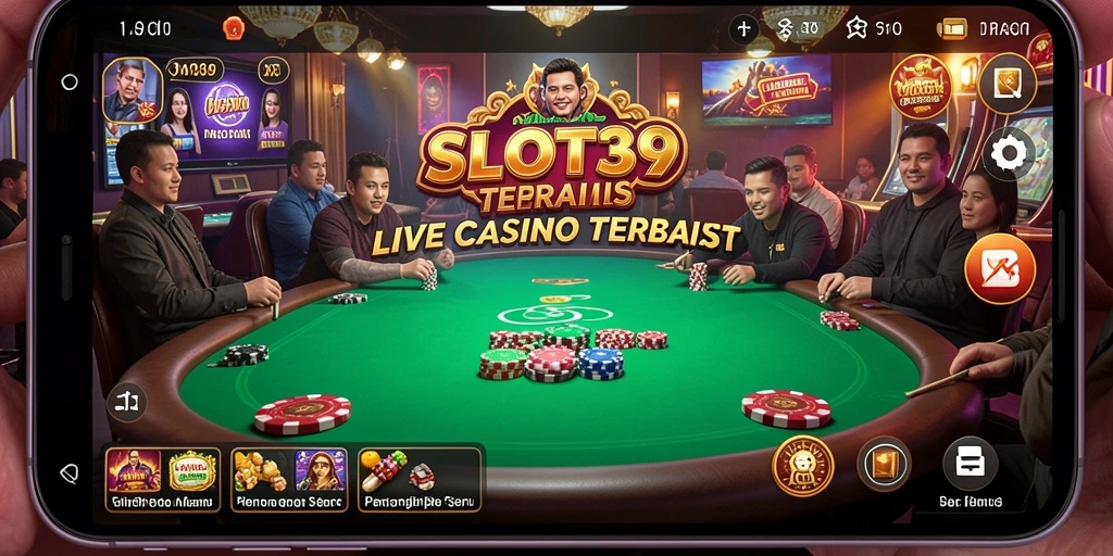 Screenshot permainan SLOT39 menampilkan dealer langsung dan suasana kasino yang nyata.