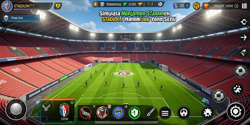 Tampilan gameplay STADIUM77 menunjukkan simulasi manajemen stadion yang seru.